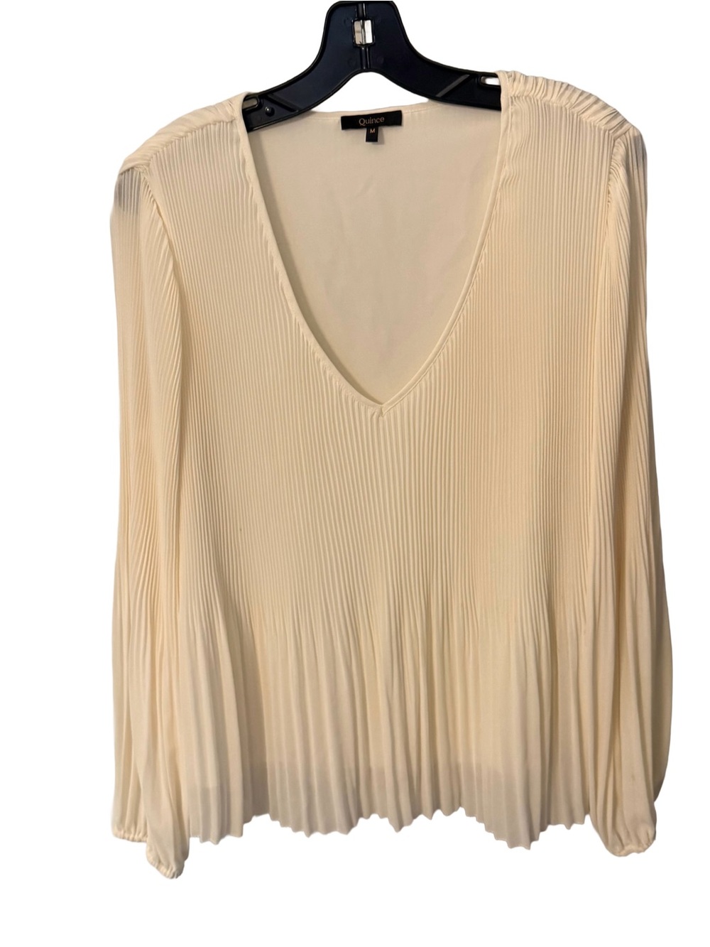 Quince Daydreamer Chiffon Blouse Ivory Pleated V-Neck Long Sleeves Sz M EUC